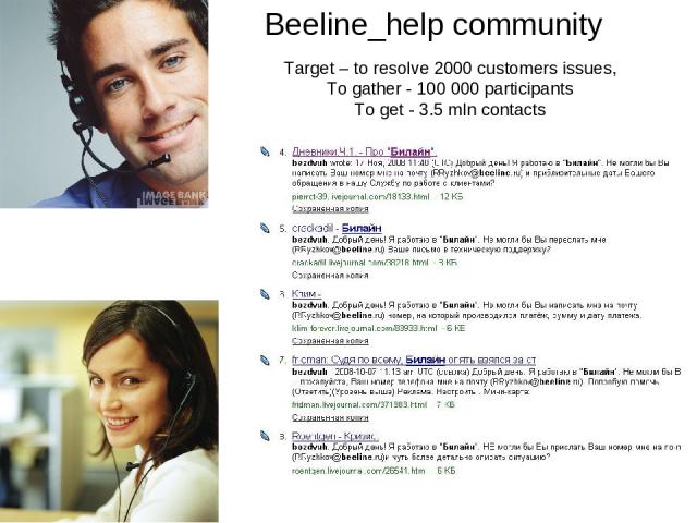Beeline_help community Target – to resolve 2000 customers issues, To gather - 100 000 participants To get - 3.5 mln contacts