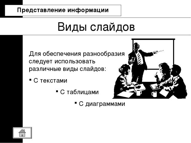 Виды слайдов Для обеспечения разнообразия следует использовать различные виды слайдов: C текстами С таблицами С диаграммами Представление информации