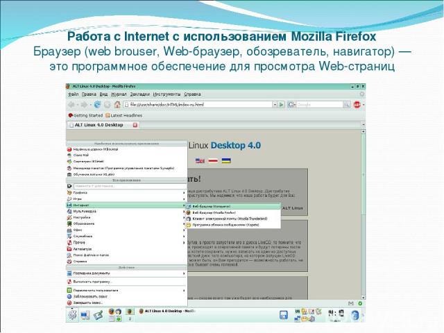 Работа с Internet с использованием Mozilla Firefox Браузер (web brouser, Web-браузер, обозреватель, навигатор) — это программное обеспечение для просмотра Web-страниц