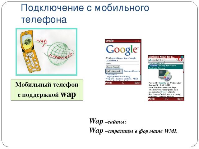 Подключение с мобильного телефона Wap –сайты: Wap –страницы в формате WML
