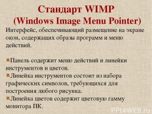 Стандарт WIMP (Windows Image Menu Pointer) Интерфейс, обеспечивающий размещение