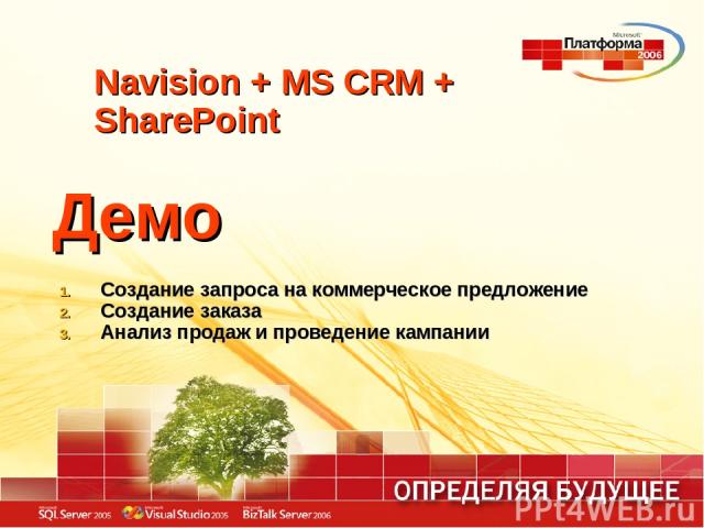 Navision + MS CRM + SharePoint Демо Создание запроса на коммерческое предложение Создание заказа Анализ продаж и проведение кампании