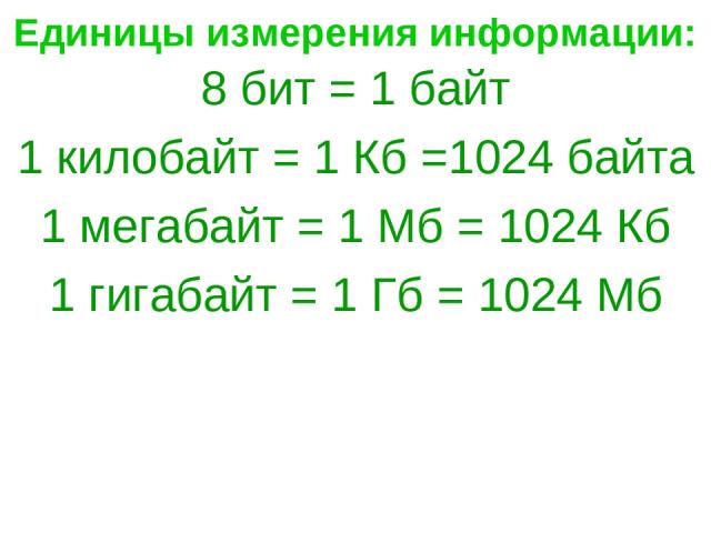 Единицы измерения информации: 8 бит = 1 байт 1 килобайт = 1 Кб =1024 байта 1 мегабайт = 1 Мб = 1024 Кб 1 гигабайт = 1 Гб = 1024 Мб