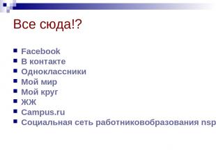 Все сюда!? Facebook В контакте Одноклассники Мой мир Мой круг ЖЖ Campus.ru Социа