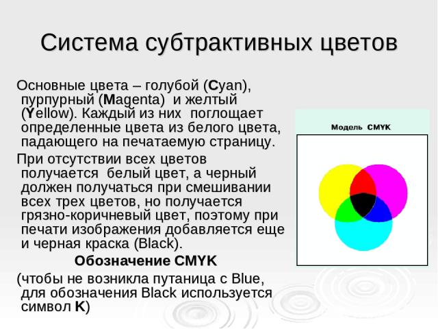 Система субтрактивных цветов Основные цвета – голубой (Cyan), пурпурный (Magenta) и желтый (Yellow). Каждый из них поглощает определенные цвета из белого цвета, падающего на печатаемую страницу. При отсутствии всех цветов получается белый цвет, а че…