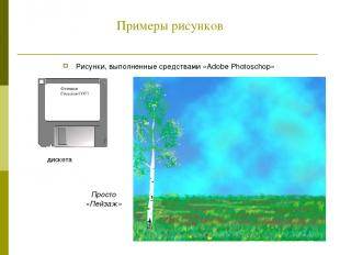 Примеры рисунков Рисунки, выполненные средствами «Adobe Photoschop» дискета Прос