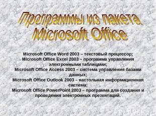 Microsoft Office Word 2003 – текстовый процессор; Microsoft Office Excel 2003 –