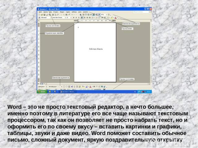 Word – это не просто текстовый редактор, а нечто большее, именно поэтому в литературе его все чаще называют текстовым процессором, так как он позволяет не просто набрать текст, но и оформить его по своему вкусу – вставить картинки и графики, таблицы…