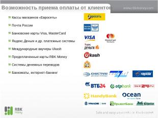 Возможность приема оплаты от клиентов Кассы магазинов «Евросеть» Почта России Ба