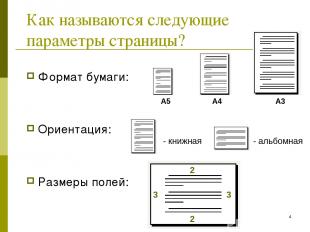* Как называются следующие параметры страницы? Формат бумаги: Ориентация: Размер