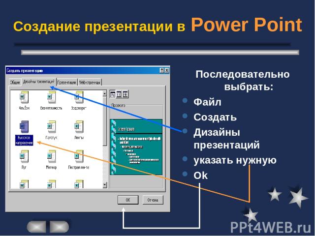 Создание презентации в Power Point Последовательно выбрать: Файл Создать Дизайны презентаций указать нужную Ok