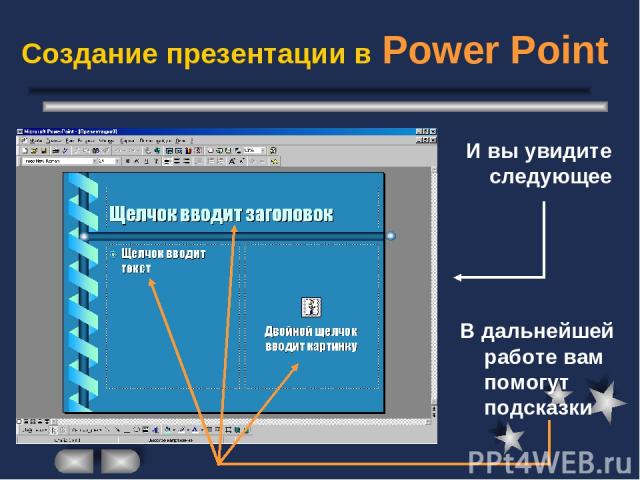 Создание презентации в Power Point И вы увидите следующее В дальнейшей работе вам помогут подсказки