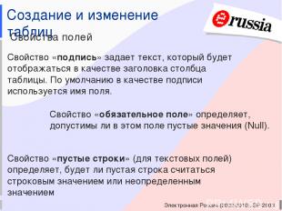 Электронная Россия (2002-2010), ЭР-2003 Создание и изменение таблиц Свойства пол