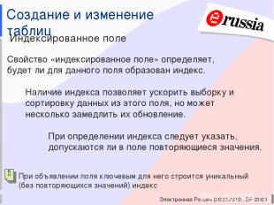 Электронная Россия (2002-2010), ЭР-2003 Создание и изменение таблиц Индексирован