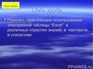 Цель урока Показать практическое использование электронной таблицы “Excel” в раз