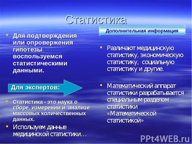 Статистика Для подтверждения или опровержения гипотезы воспользуемся статистическими данными. Для экспертов: Статистика - это наука о сборе, измерении и анализе массовых количественных данных. Используем данные медицинской статистики… Различают меди…