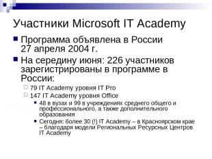 Участники Microsoft IT Academy Программа объявлена в России 27 апреля 2004 г. На