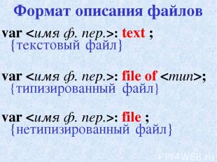 Формат описания файлов var : text ; {текстовый файл} var : file of ; {типизирова
