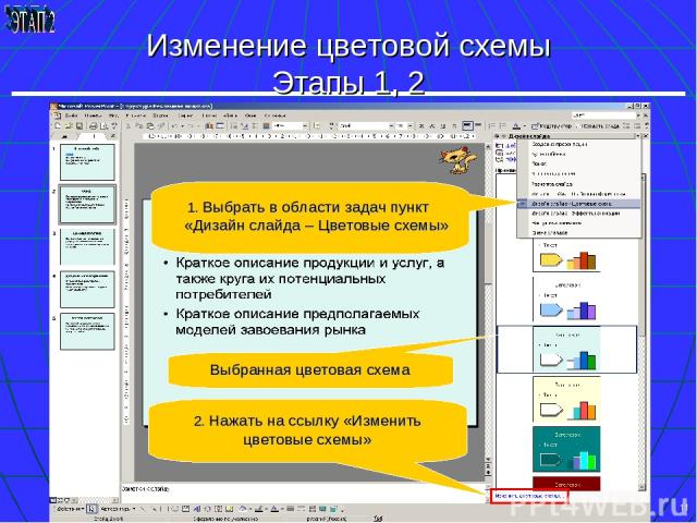 * Изменение цветовой схемы Этапы 1, 2 1. Выбрать в области задач пункт «Дизайн слайда – Цветовые схемы» Выбранная цветовая схема 2. Нажать на ссылку «Изменить цветовые схемы»
