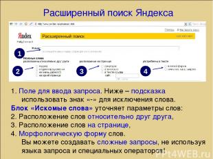 Расширенный поиск Яндекса 1. Поле для ввода запроса. Ниже – подсказка использова