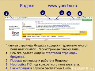 Яндекс www.yandex.ru 1 2 3 4 5 Главная страница Яндекса содержит довольно много
