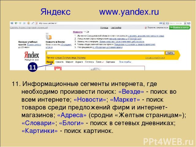 Яндекс www.yandex.ru 11 11. Информационные сегменты интернета, где необходимо произвести поиск: «Везде» - поиск во всем интернете; «Новости»; «Маркет» - поиск товаров среди предложений фирм и интернет-магазинов; «Адреса» (сродни «Желтым страницам»);…