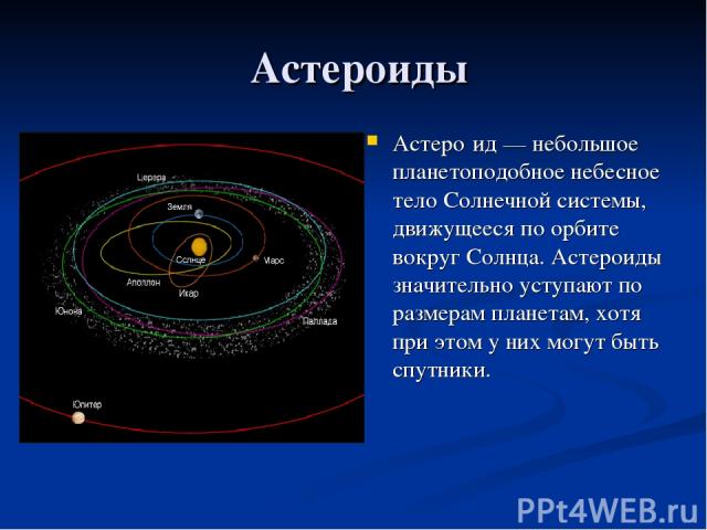 Астероиды Астеро ид — небольшое планетоподобное небесное тело Солнечной системы, движущееся по орбите вокруг Солнца. Астероиды значительно уступают по размерам планетам, хотя при этом у них могут быть спутники.