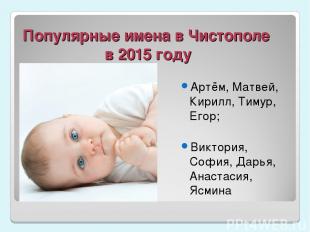 Популярные имена в Чистополе в 2015 году Артём, Матвей, Кирилл, Тимур, Егор; Вик