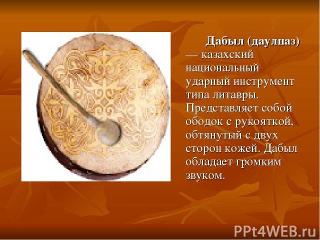 Дабыл (даулпаз) — казахский национальный ударный инструмент типа литавры. Представляет собой ободок с рукояткой, обтянутый с двух сторон кожей. Дабыл обладает громким звуком.