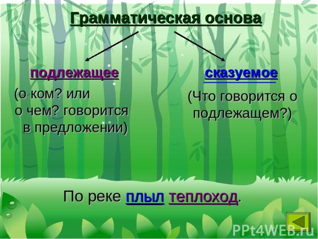 Грамматическая основа подлежащее сказуемое (о ком? или о чем? говорится в предложении) (Что говорится о подлежащем?) По реке плыл теплоход.