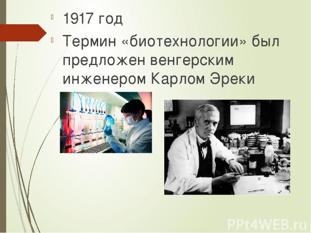 1917 год Термин «биотехнологии» был предложен венгерским инженером Карлом Эреки