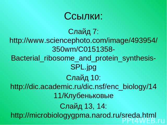 Ссылки: Слайд 7: http://www.sciencephoto.com/image/493954/350wm/C0151358-Bacterial_ribosome_and_protein_synthesis-SPL.jpg Слайд 10: http://dic.academic.ru/dic.nsf/enc_biology/1411/Клубеньковые Слайд 13, 14: http://microbiologygpma.narod.ru/sreda.html