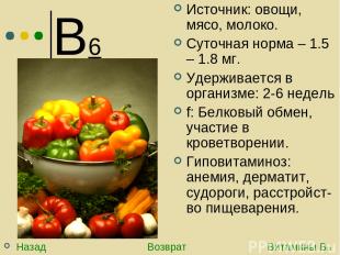 В6 Источник: овощи, мясо, молоко. Суточная норма – 1.5 – 1.8 мг. Удерживается в