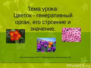 Тема урока: Цветок - генеративный орган, его строение и значение. Учитель биолог