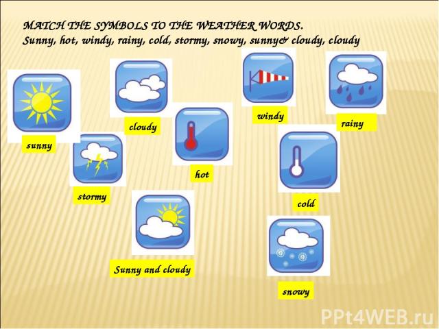 MATCH THE SYMBOLS TO THE WEATHER WORDS. Sunny, hot, windy, rainy, cold, stormy, snowy, sunny& cloudy, cloudy sunny cloudy windy rainy cold hot stormy Sunny and cloudy snowy