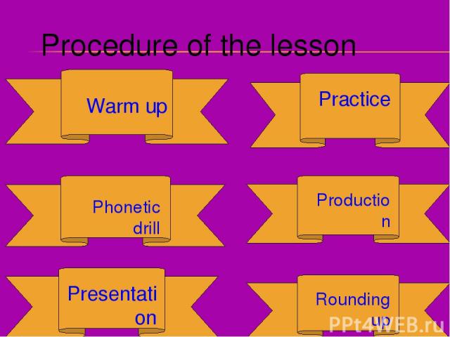 Procedure of the lesson Warm up Phonetic drill Presentation Practice Production Rounding up