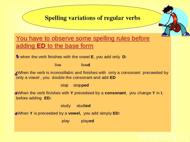 Spelling variations of regular verbs You have to observe some spelling rules before adding ED to the base form when the verb finishes with the vowel E, you add only D: live lived When the verb is monosillabic and finishes with only a consonant prece…