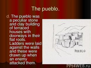 The pueblo. d. The pueblo was a peculiar stone and clay building of terraced hou
