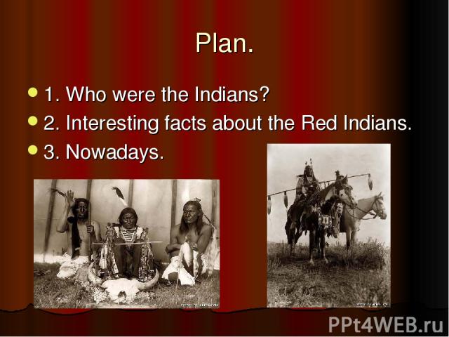 Plan. 1. Who were the Indians? 2. Interesting facts about the Red Indians. 3. Nowadays.