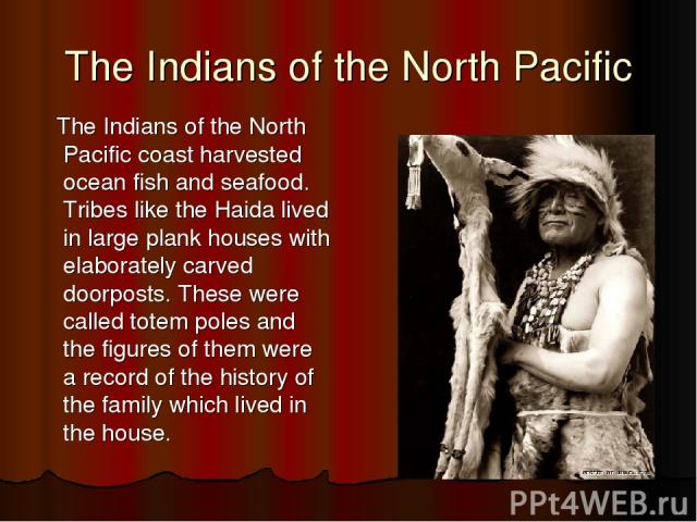 The Indians of the North Pacific The Indians of the North Pacific coast harvested ocean fish and seafood. Tribes like the Haida lived in large plank houses with elaborately carved doorposts. These were called totem poles and the figures of them were…