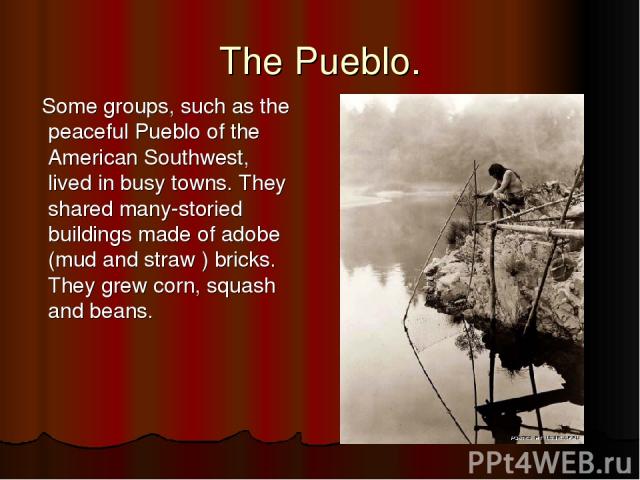 The Pueblo. Some groups, such as the peaceful Pueblo of the American Southwest, lived in busy towns. They shared many-storied buildings made of adobe (mud and straw ) bricks. They grew corn, squash and beans.
