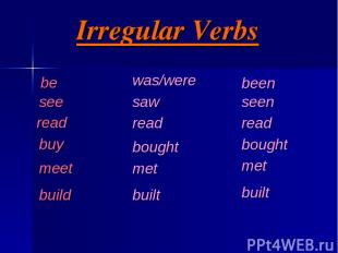 Irregular Verbs be see read buy meet build was/were saw read bought met built be