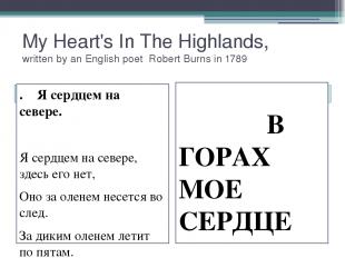My Heart's In The Highlands, written by an English poet Robert Burns in 1789 . Я