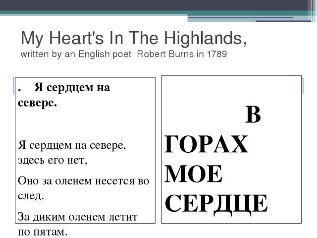 My Heart's In The Highlands, written by an English poet Robert Burns in 1789 . Я сердцем на севере.   Я сердцем на севере, здесь его нет, Оно за оленем несется во след. За диким оленем летит по пятам. И, где бы я ни был, всем сердцем я там.      Про…