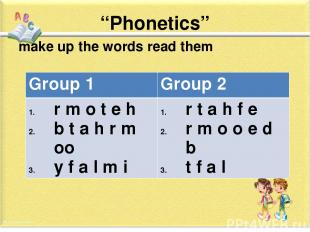 “Phonetics” make up the words read them Group 1 Group 2 r m o t e h b t a h r mo