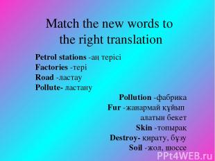 Match the new words to the right translation Petrol stations -аң терісі Factorie