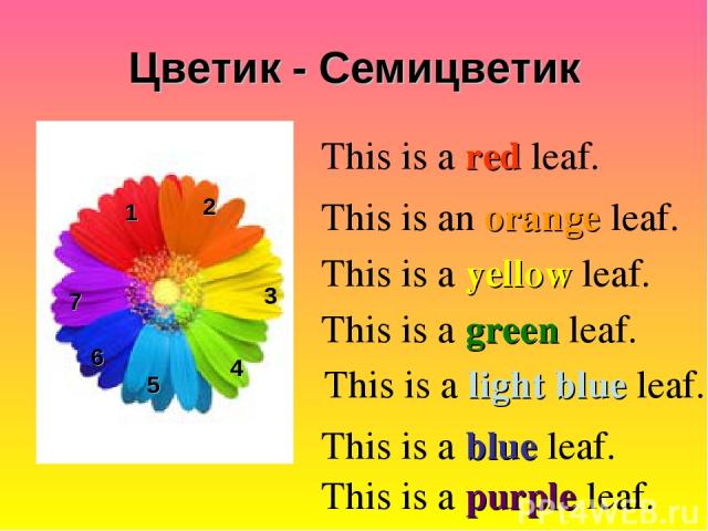 Цветик - Семицветик 1 2 3 4 5 6 This is a red leaf. This is an orange leaf. This is a yellow leaf. This is a green leaf. This is a blue leaf. This is a purple leaf. This is a light blue leaf. 7