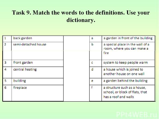 Task 9. Match the words to the definitions. Use your dictionary.