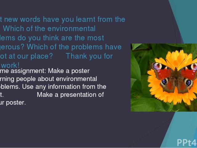 What new words have you learnt from the text? Which of the environmental problems do you think are the most dangerous? Which of the problems have we got at our place? Thank you for your work! Home assignment: Make a poster warning people about envir…