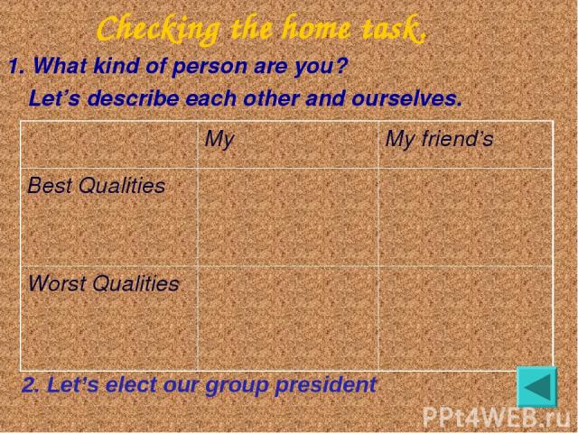 Checking the home task. 1. What kind of person are you? Let’s describe each other and ourselves. 2. Let’s elect our group president My My friend’s Best Qualities Worst Qualities
